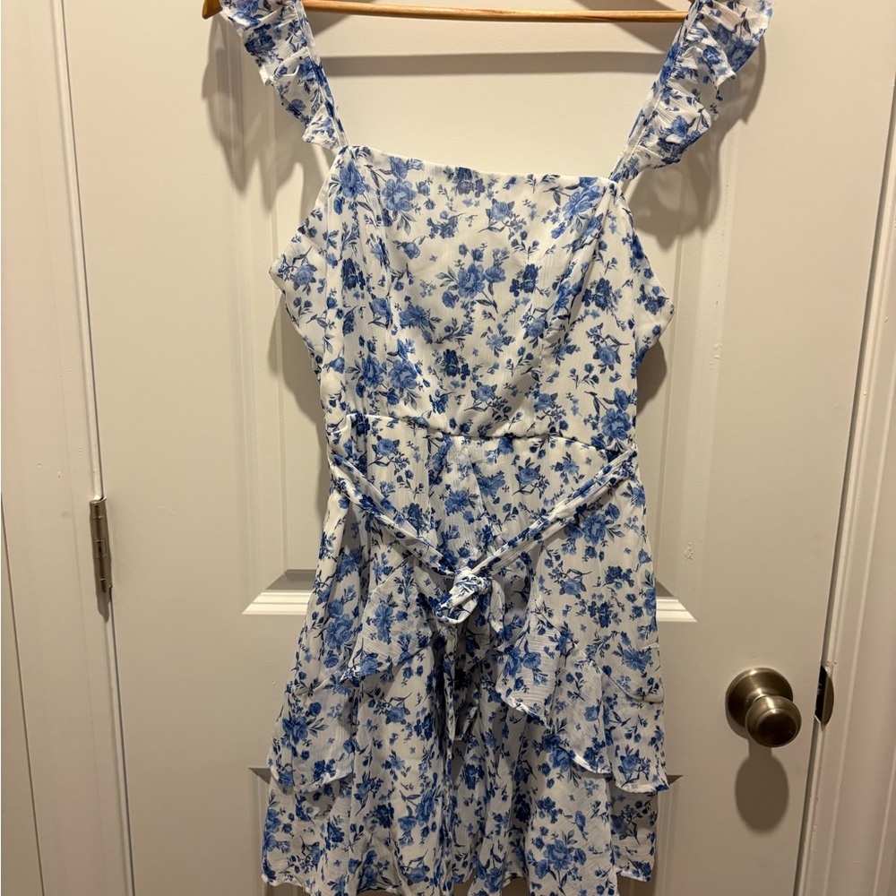 Trixxi White Dress with Blue Floral Print